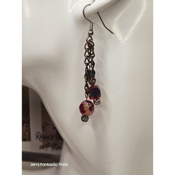 Swarovski AB Red & Silver Beaded Dangle Earrings Silver Hook Back - Picture 5 of 7